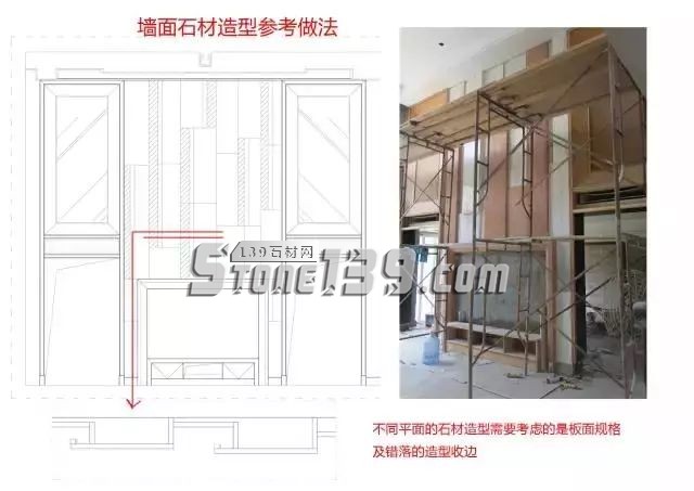 石材工藝施工的節(jié)點圖和現(xiàn)場施工照片對比