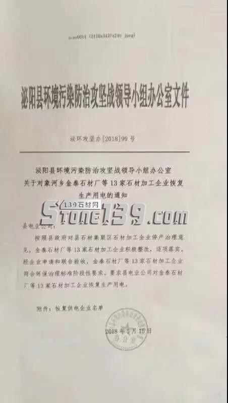 河南泌陽(yáng)縣對(duì)象河鄉(xiāng)13家石材加工企業(yè)恢復(fù)生產(chǎn)用電 關(guān)于對(duì)象河鄉(xiāng)金泰石材廠(chǎng)等13家石材加工企業(yè)恢復(fù)生產(chǎn)用電的通知