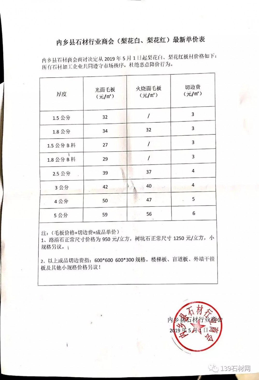 內(nèi)鄉(xiāng)石材（梨花白、梨花紅）價(jià)格表